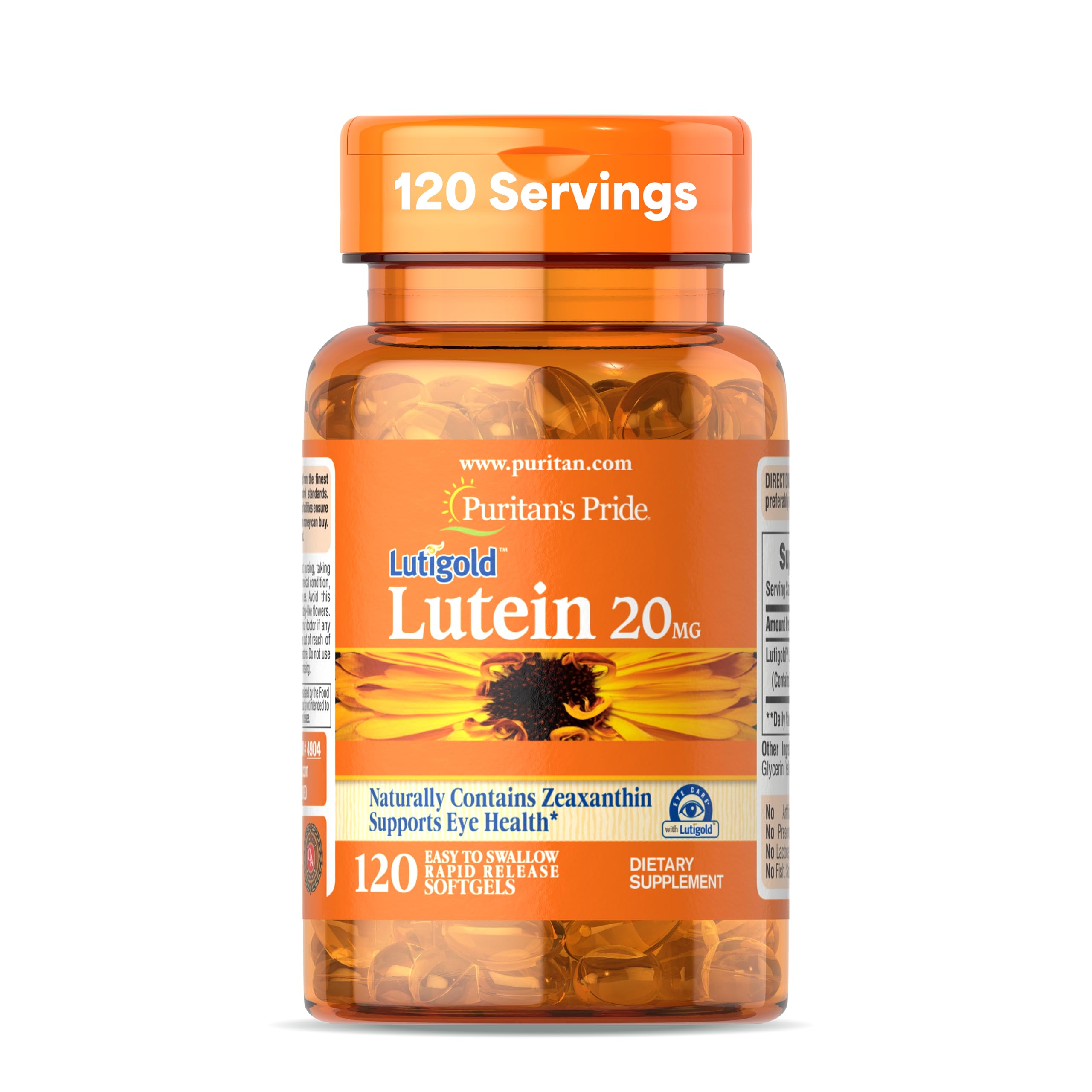 Puritan's Pride Lutigold Lutein bottle showing 20 mg carotenoids for eye health.