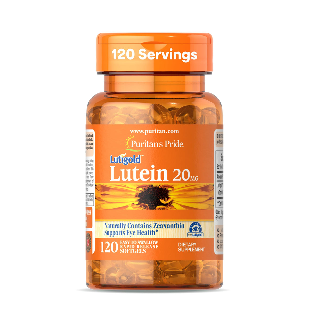 Puritan's Pride Lutigold Lutein bottle showing 20 mg carotenoids for eye health.