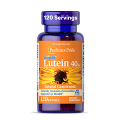 Puritan's Pride Lutigold Lutein bottle promotes eye health with 40 mg lutein and zeaxanthin.
