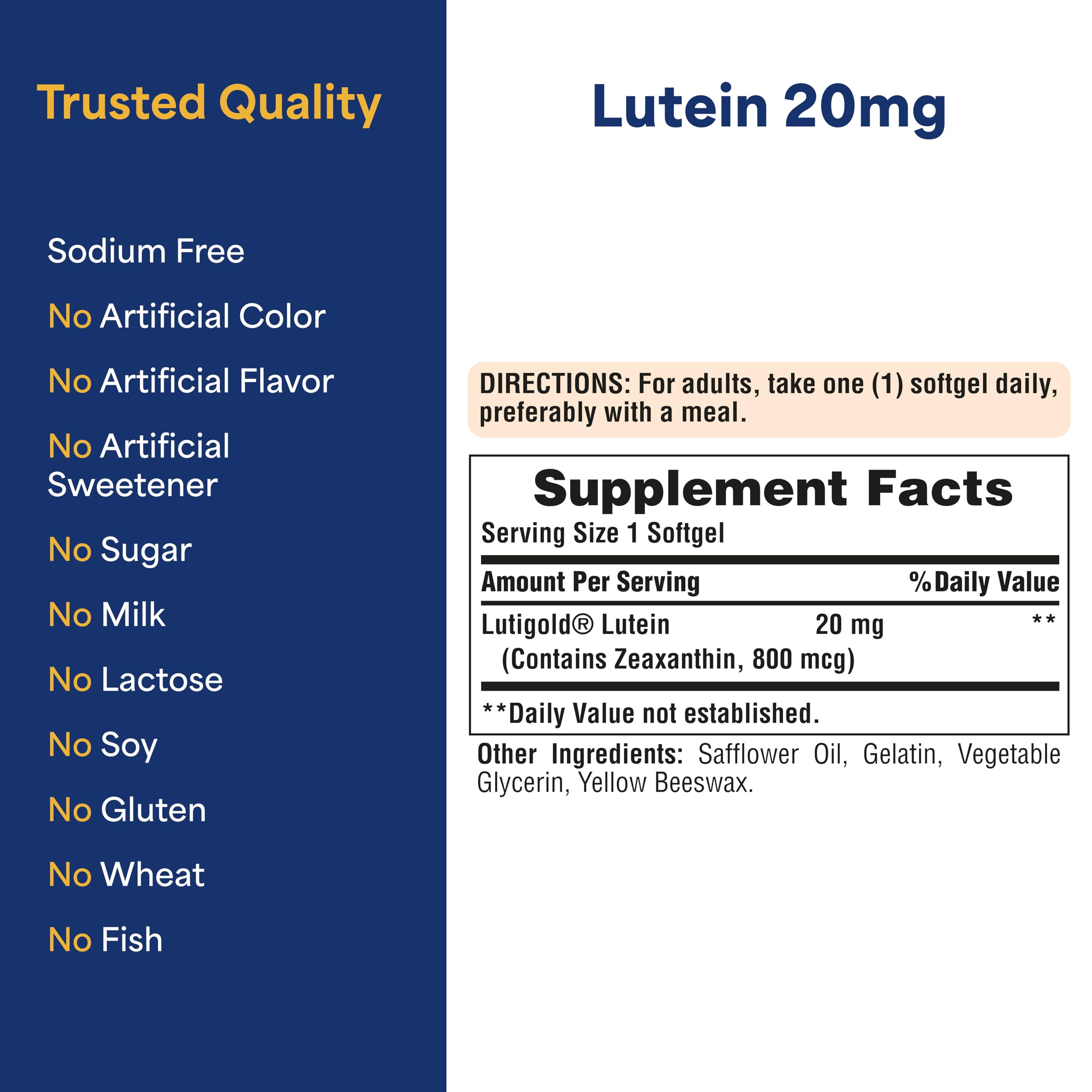 On-shelf display shows Puritan's Pride Lutigold lutein supporting eye health.