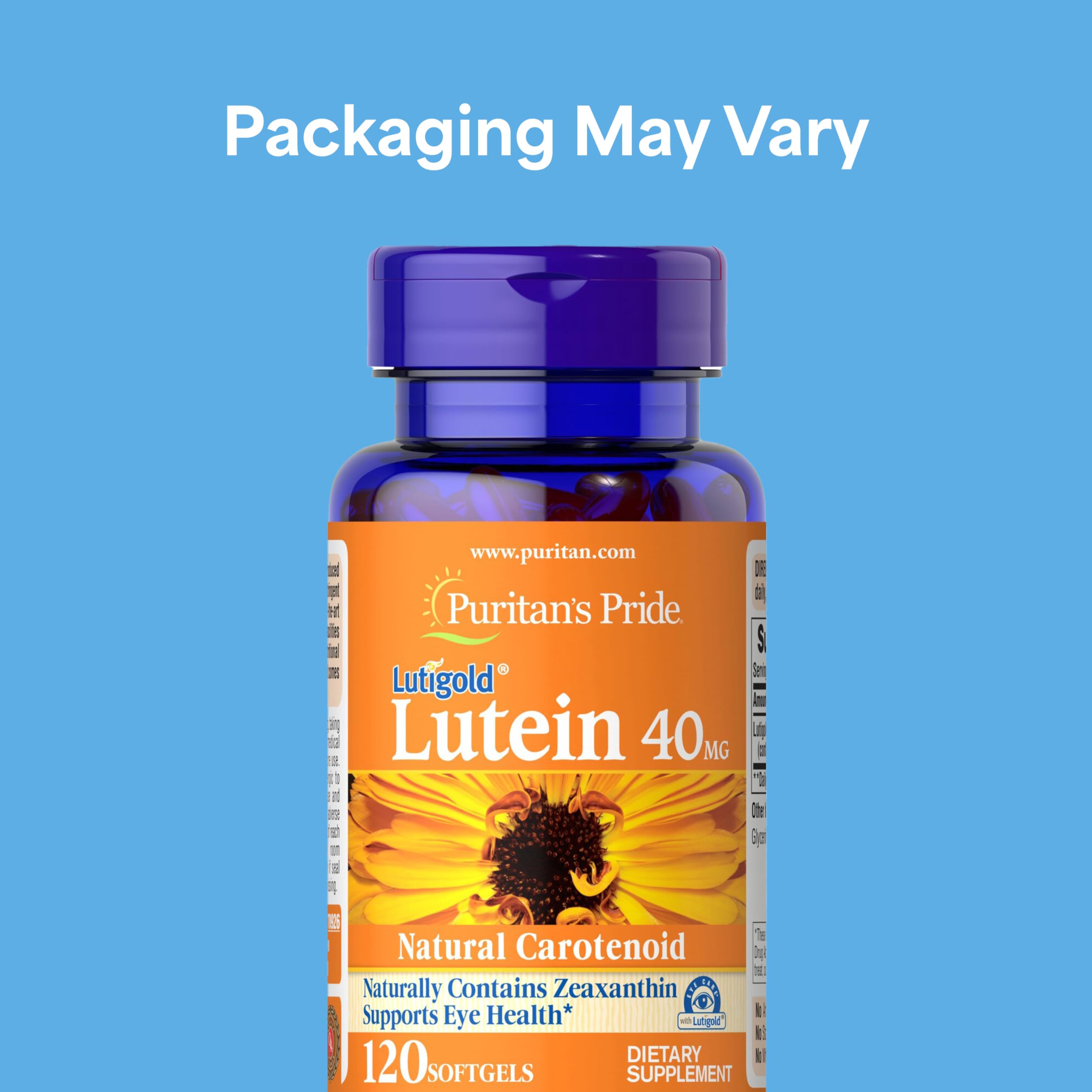 Puritan's Pride Lutigold Lutein softgels for easy daily use and macula support.