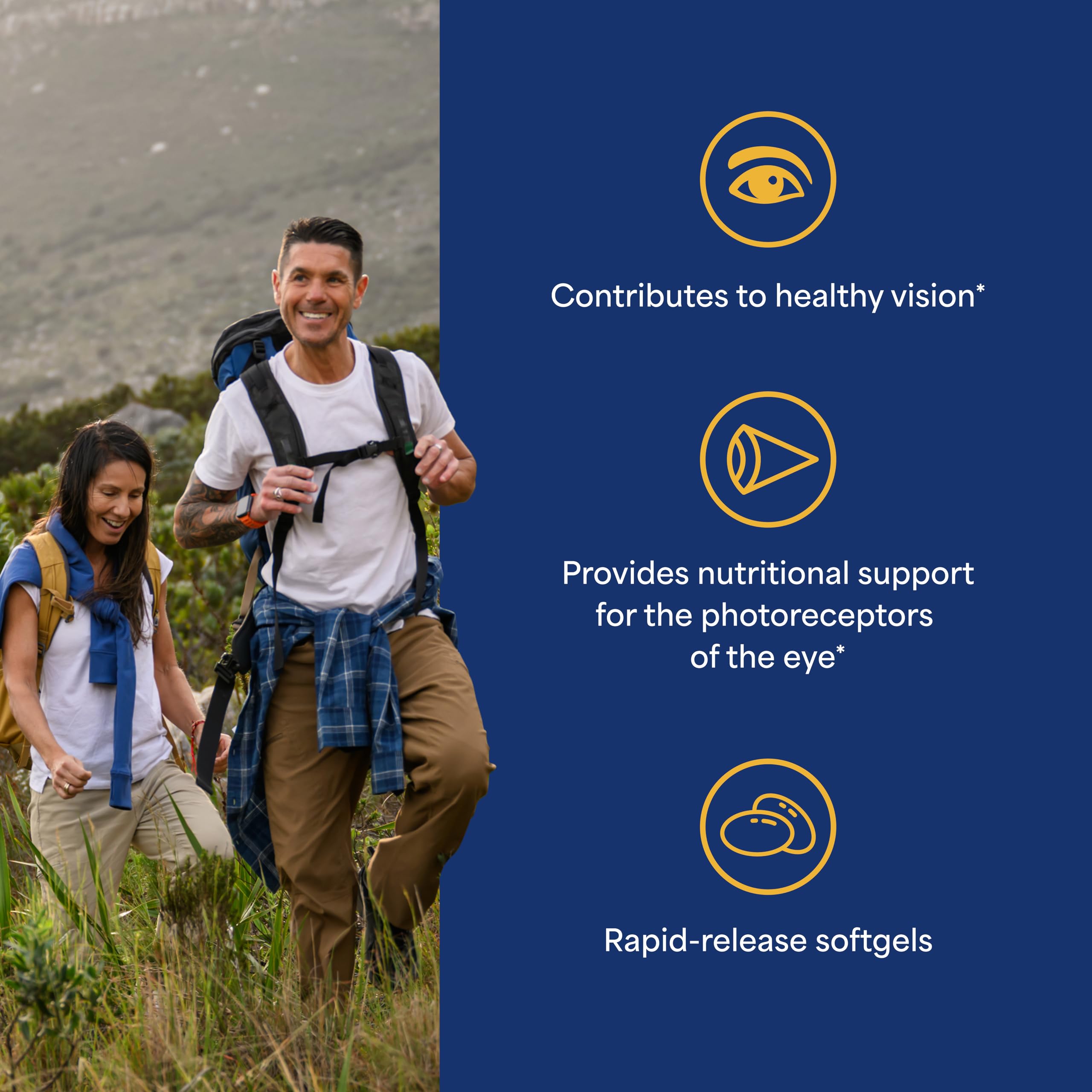 Puritan's Pride Lutigold softgels close-up for convenient daily eye support.
