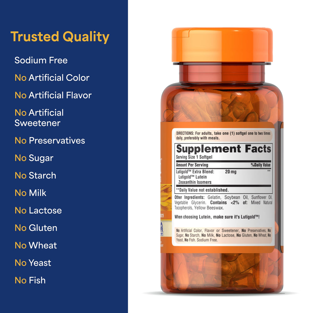 Puritan's Pride Lutigold softgels in hand suggest easy daily intake.