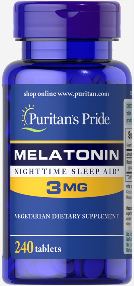 Puritan's Pride Melatonin 3 mg tablets bottle for occasional sleep support.