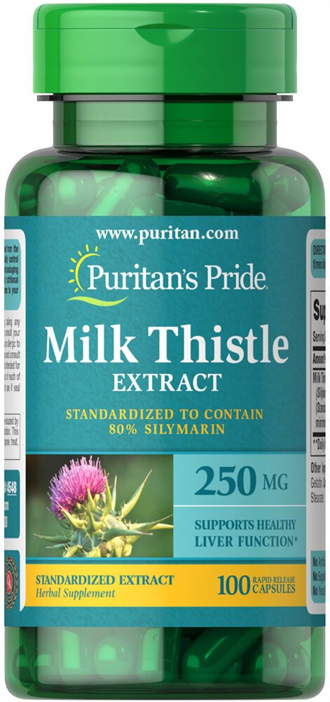 Puritan's Pride Milk Thistle capsules, standardized 250 mg, for daily wellness and routine use