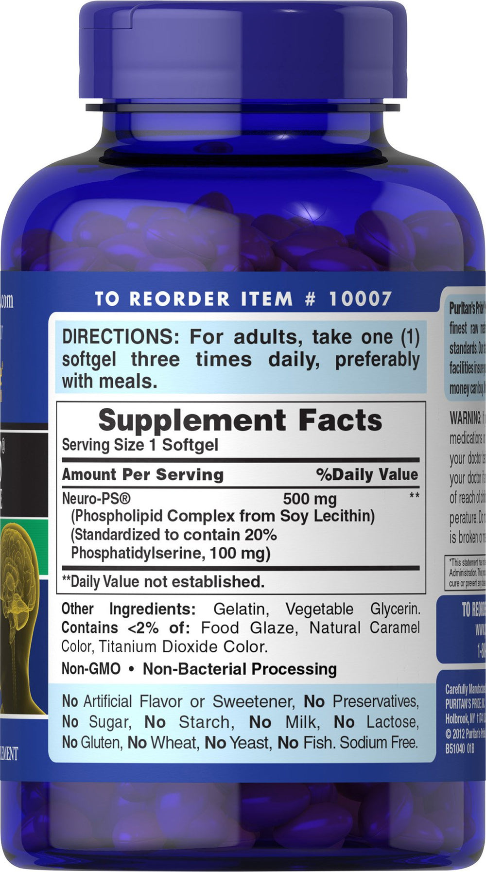 Puritan's Pride Neuro-PS softgels capsules arranged for convenient daily intake