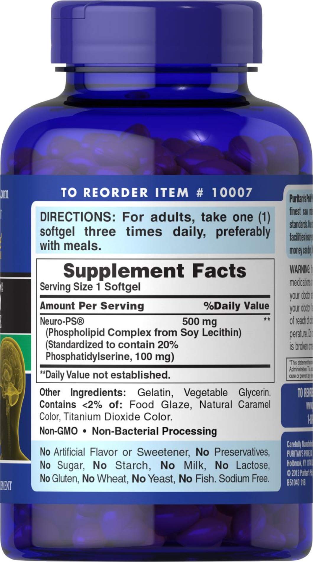 Puritan's Pride Neuro-PS softgels label with dosage information for easy daily use
