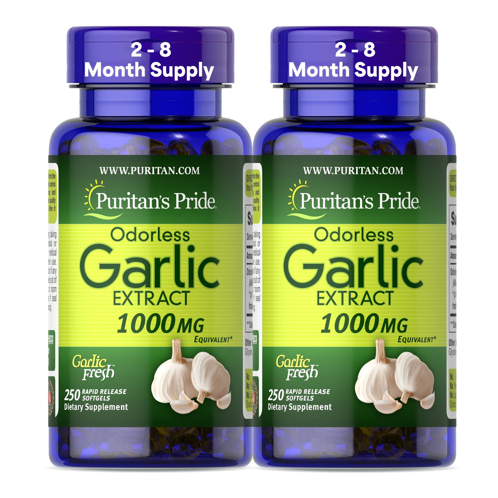 Puritan's Pride Odorless Garlic bottle showing odor-reduced capsules for daily heart support