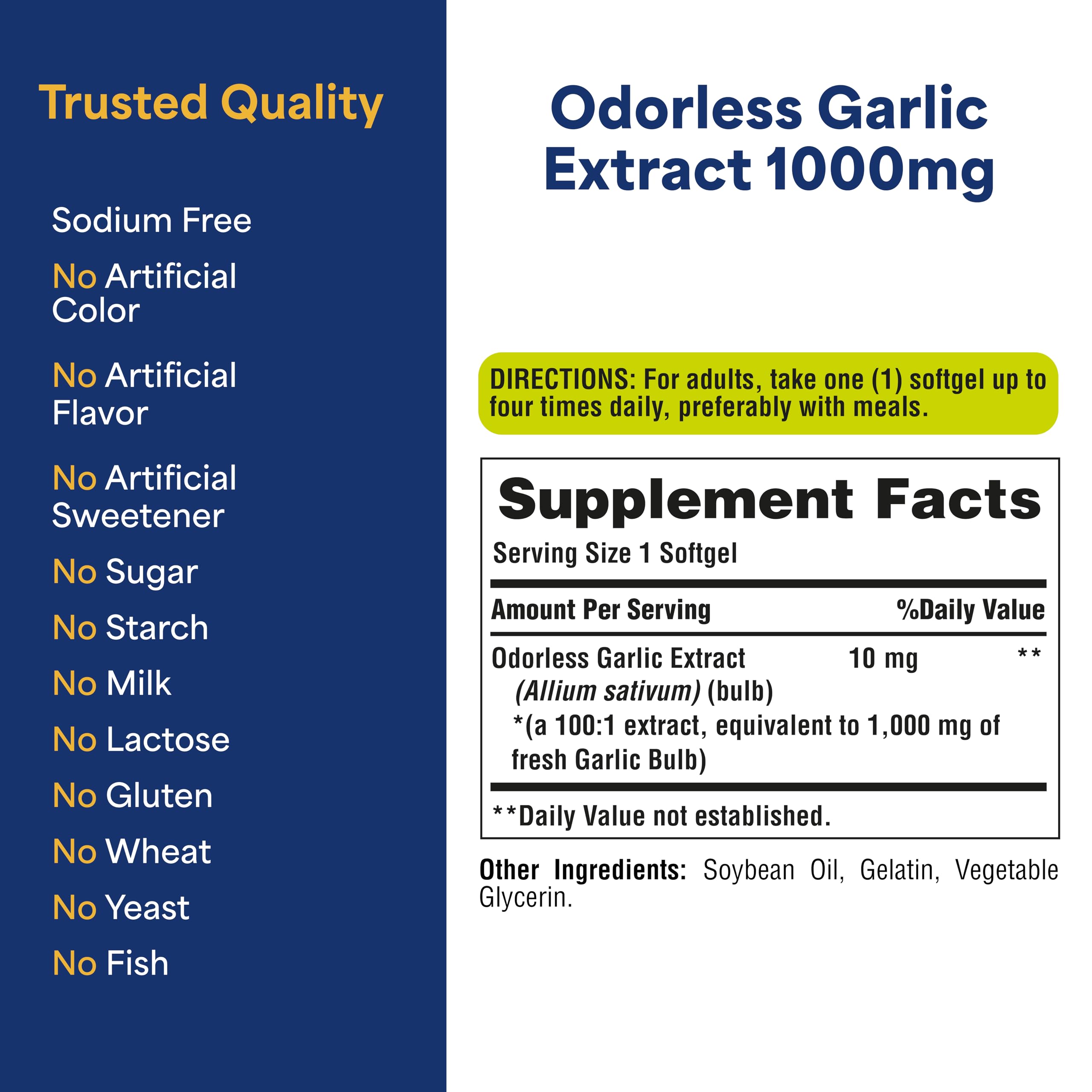 Puritan's Pride Odorless Garlic ingredient panel emphasizing cold-processing and odor-reduction