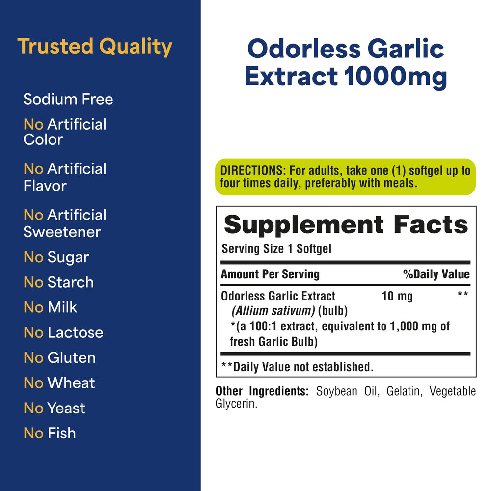 Puritan's Pride Odorless Garlic ingredient panel emphasizing cold-processing and odor-reduction