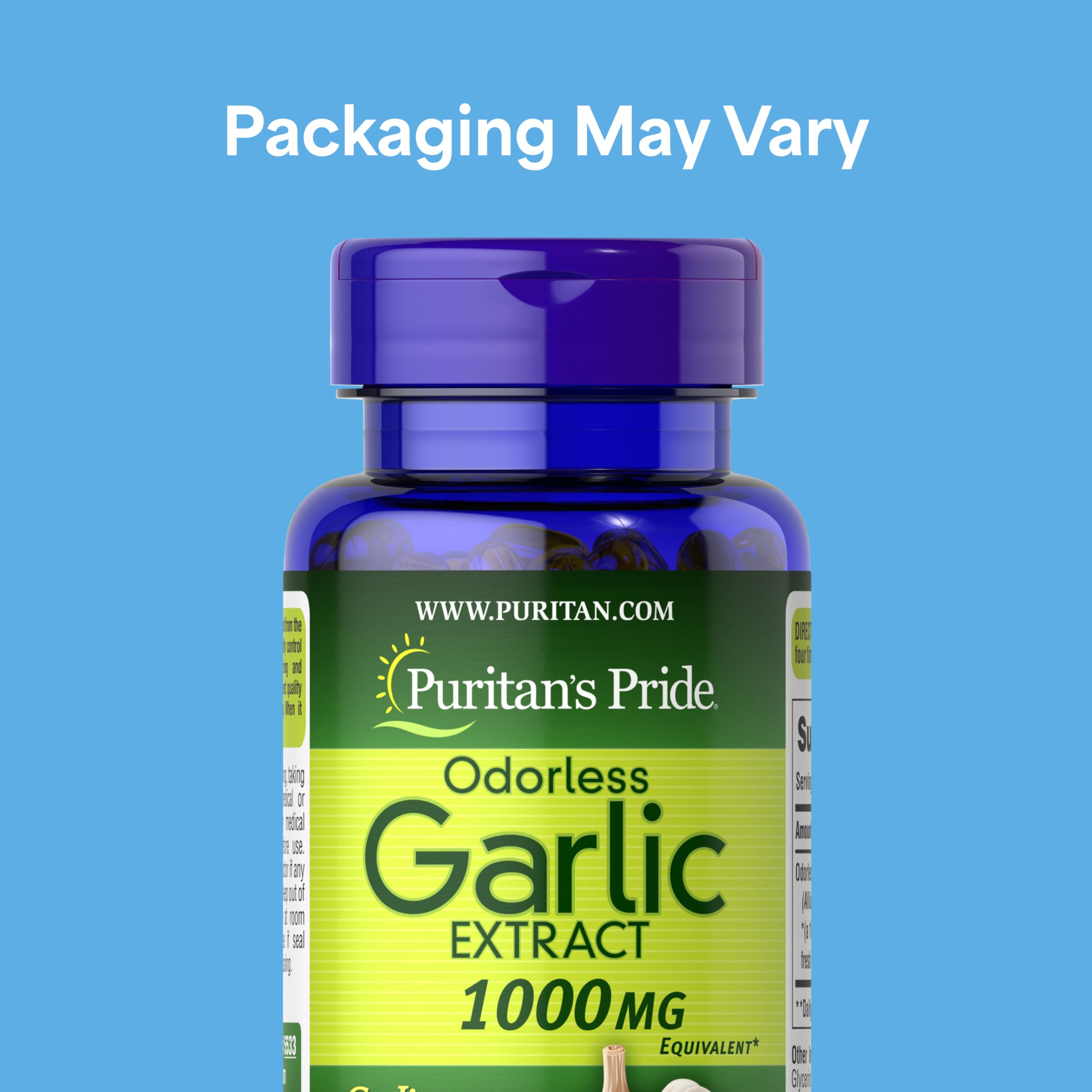 Puritan's Pride Odorless Garlic softgels arranged for easy ingestion and odor control
