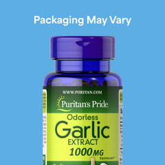 Puritan's Pride Odorless Garlic softgels arranged for easy ingestion and odor control