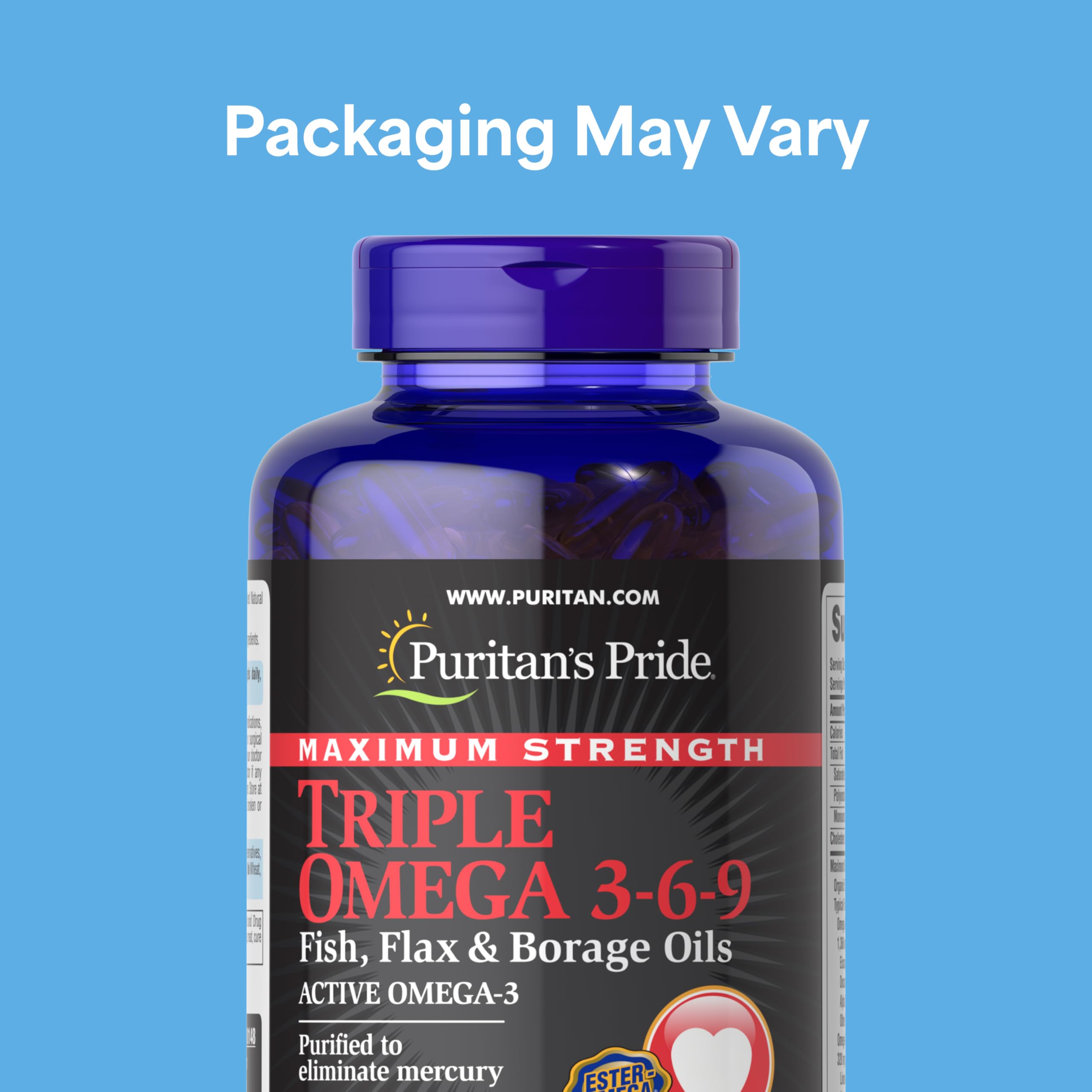 Puritan's Pride omega-3-6-9 softgels closeup for convenient daily wellness support