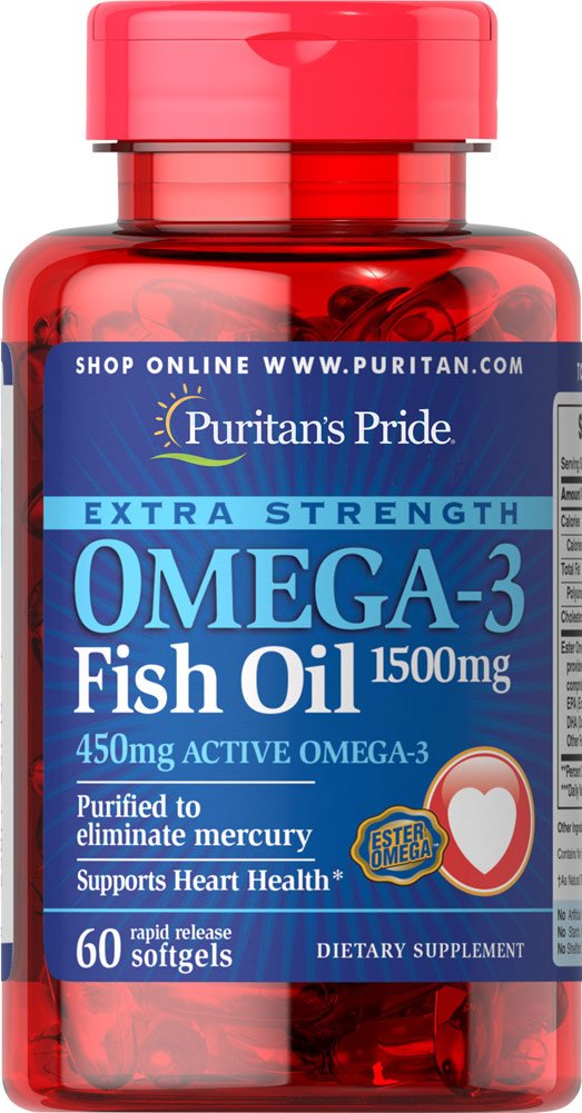 Puritan's Pride omega-3 softgels bottle front highlighting label for daily use.