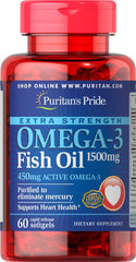 Puritan's Pride omega-3 softgels bottle front highlighting label for daily use.