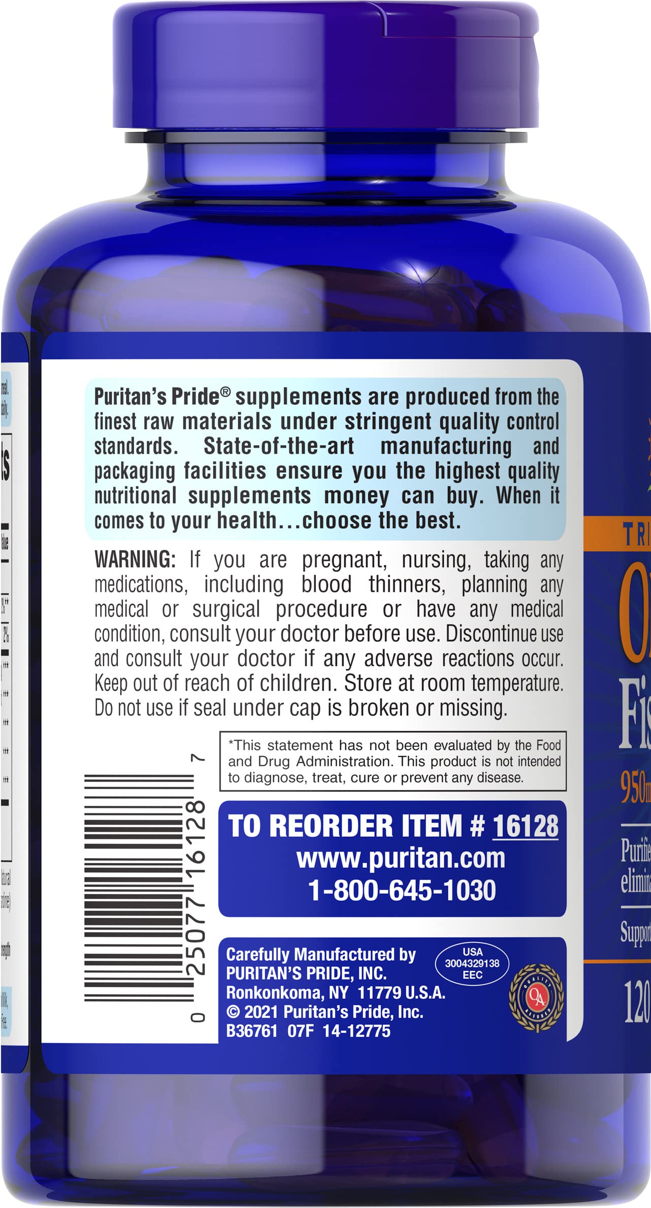 Puritan's Pride Omega-3 softgels bottle side for daily convenience