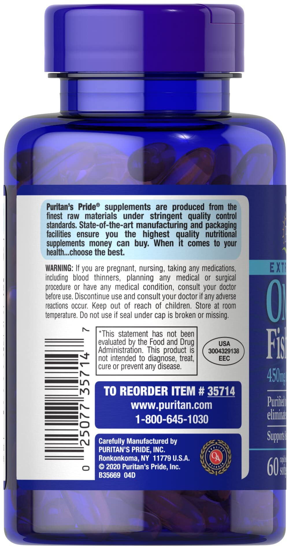 Puritan's Pride omega-3 softgels close-up illustrating convenient daily dosing.