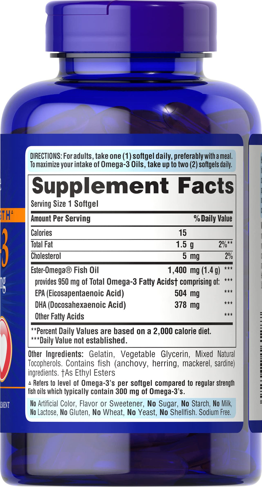 Puritan's Pride Omega-3 softgels ingredients label close-up for quality ingredients