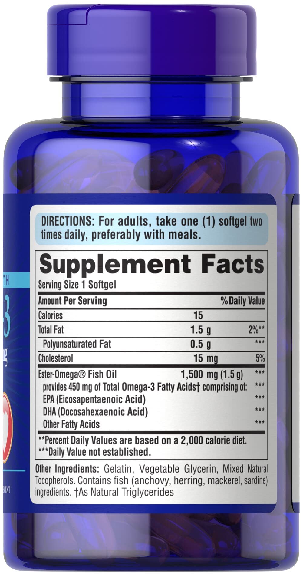 Puritan's Pride omega-3 softgels detailed label showing EPA and DHA content.