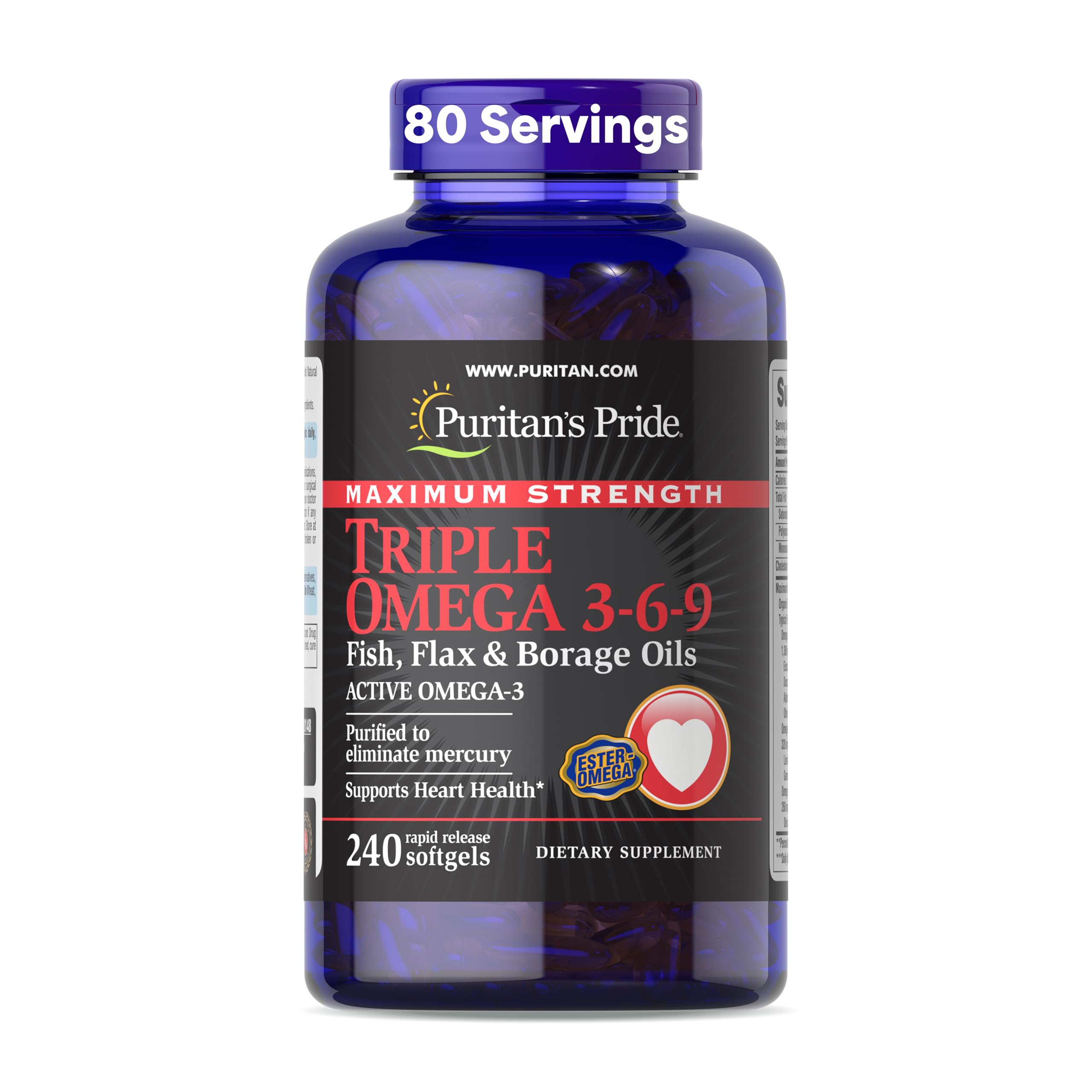 Puritan's Pride triple omega softgels bottle supports daily essential fatty acid intake