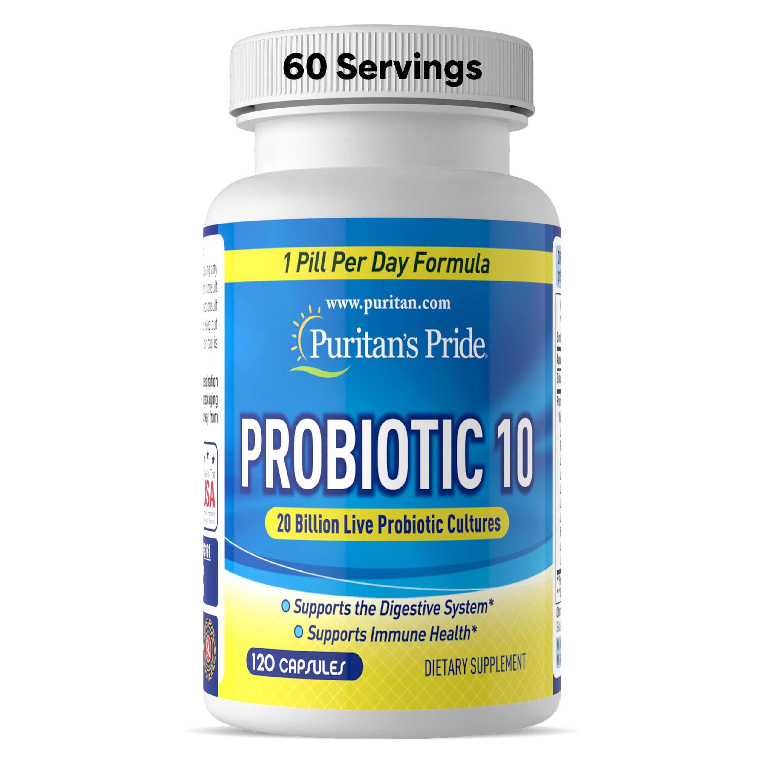 Puritan's Pride Probiotic 10 bottle front supports daily digestive balance.
