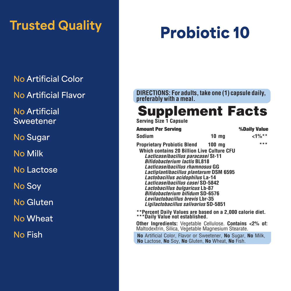 Puritan's Pride Probiotic 10 Vitamin D icon suggests extra immune support potential.