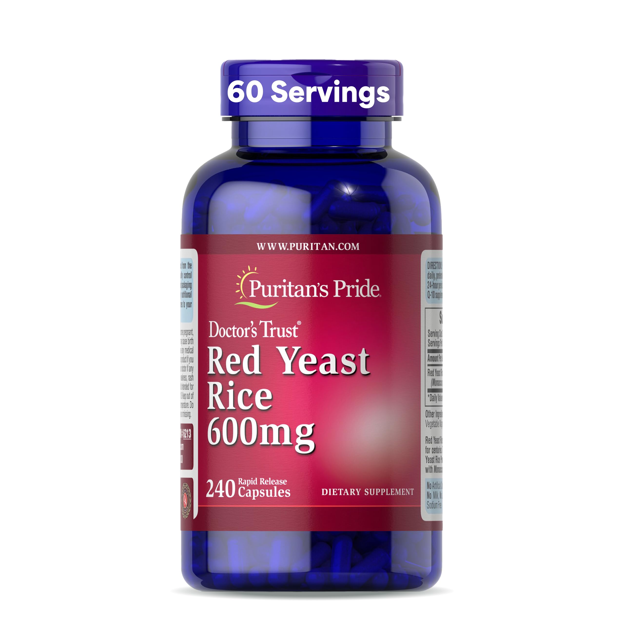 Puritan's Pride Red Yeast Rice 600mg bottle for daily wellness support.