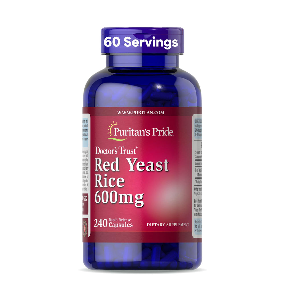 Puritan's Pride Red Yeast Rice 600mg bottle for daily wellness support.
