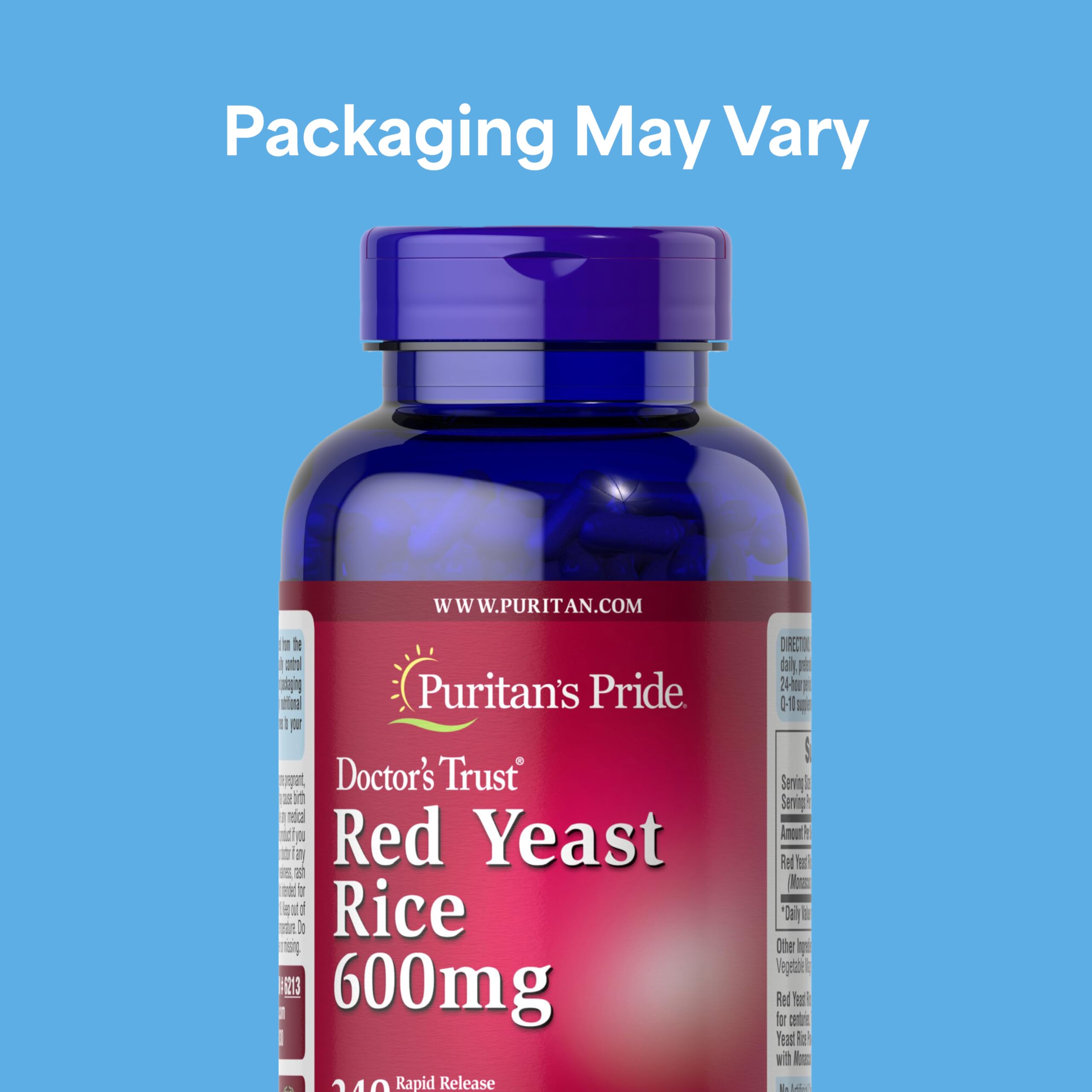 Puritan's Pride Red Yeast Rice 600mg capsules shown for convenient use.