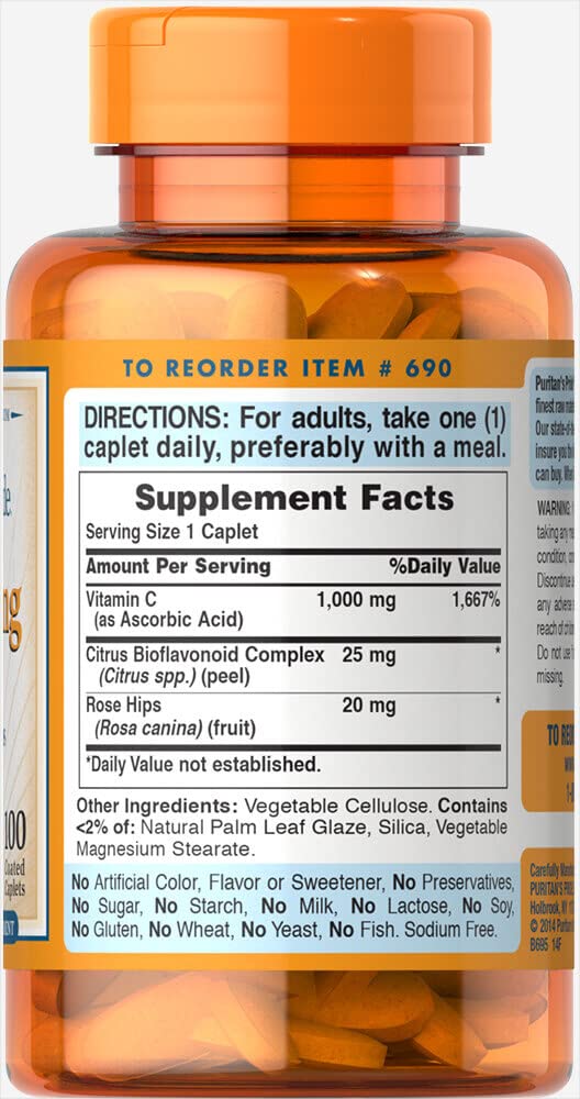 Puritan's Pride rose hips ingredient label highlighting vitamin C source.