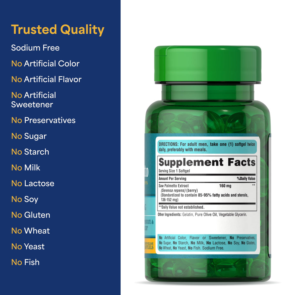 Daily-use scene with Puritan's Pride Saw Palmetto softgels.