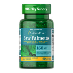 Puritan's Pride Saw Palmetto extract bottle supports daily urinary health.