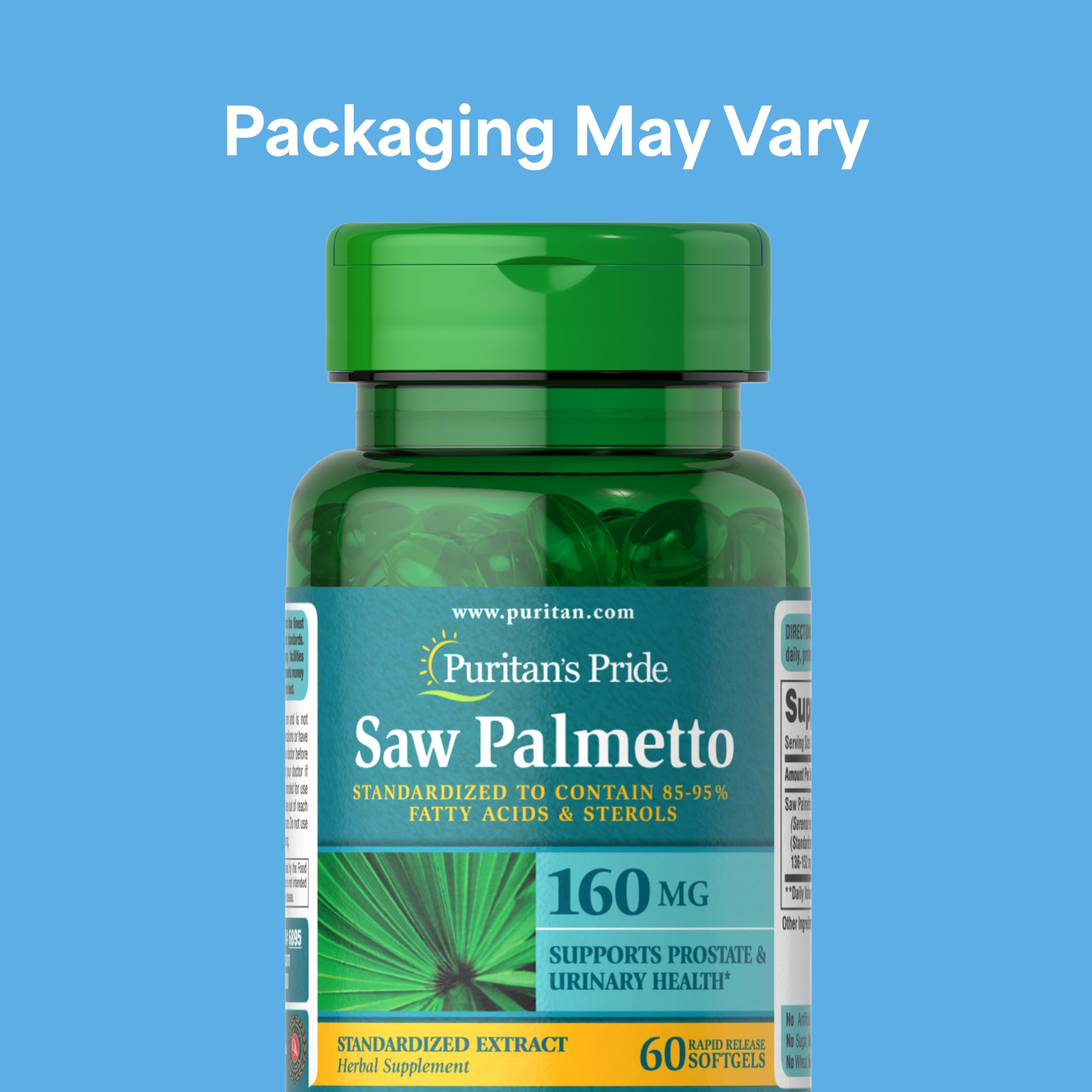 Puritan's Pride Saw Palmetto rapid-release softgels for convenient daily use.