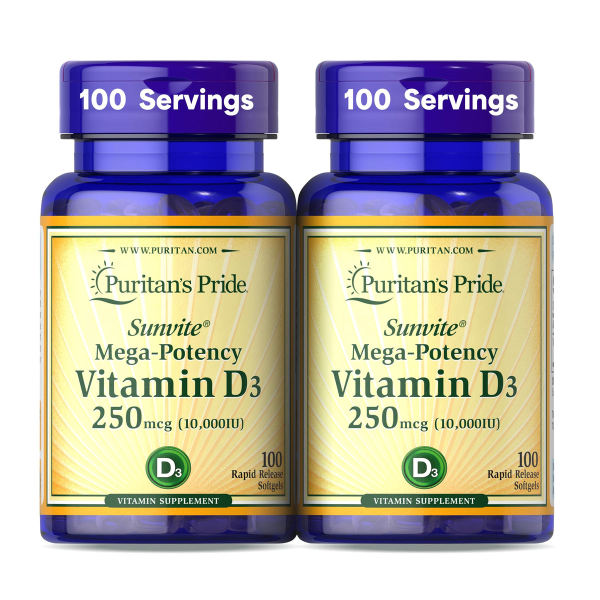 Puritan's Pride Sunvite Vitamin D3 bottle showcases 10,000 IU softgels for bone and immune support.