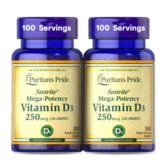 Puritan's Pride Sunvite Vitamin D3 bottle showcases 10,000 IU softgels for bone and immune support.