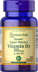 Puritan's Pride Sunvite D3 softgels front view for immune and bone support.