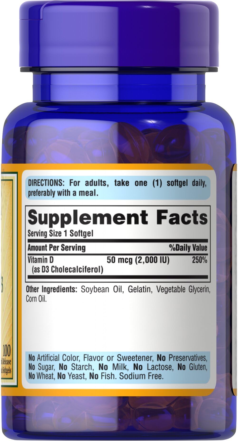 Puritan's Pride Sunvite D3 packaging detail shows product information.