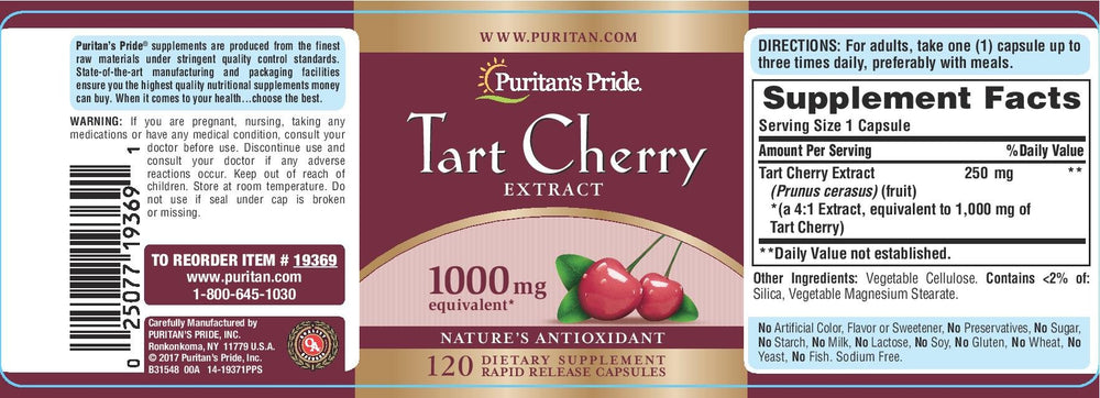 Puritan's Pride Tart Cherry Extract capsules for convenient daily supplementation