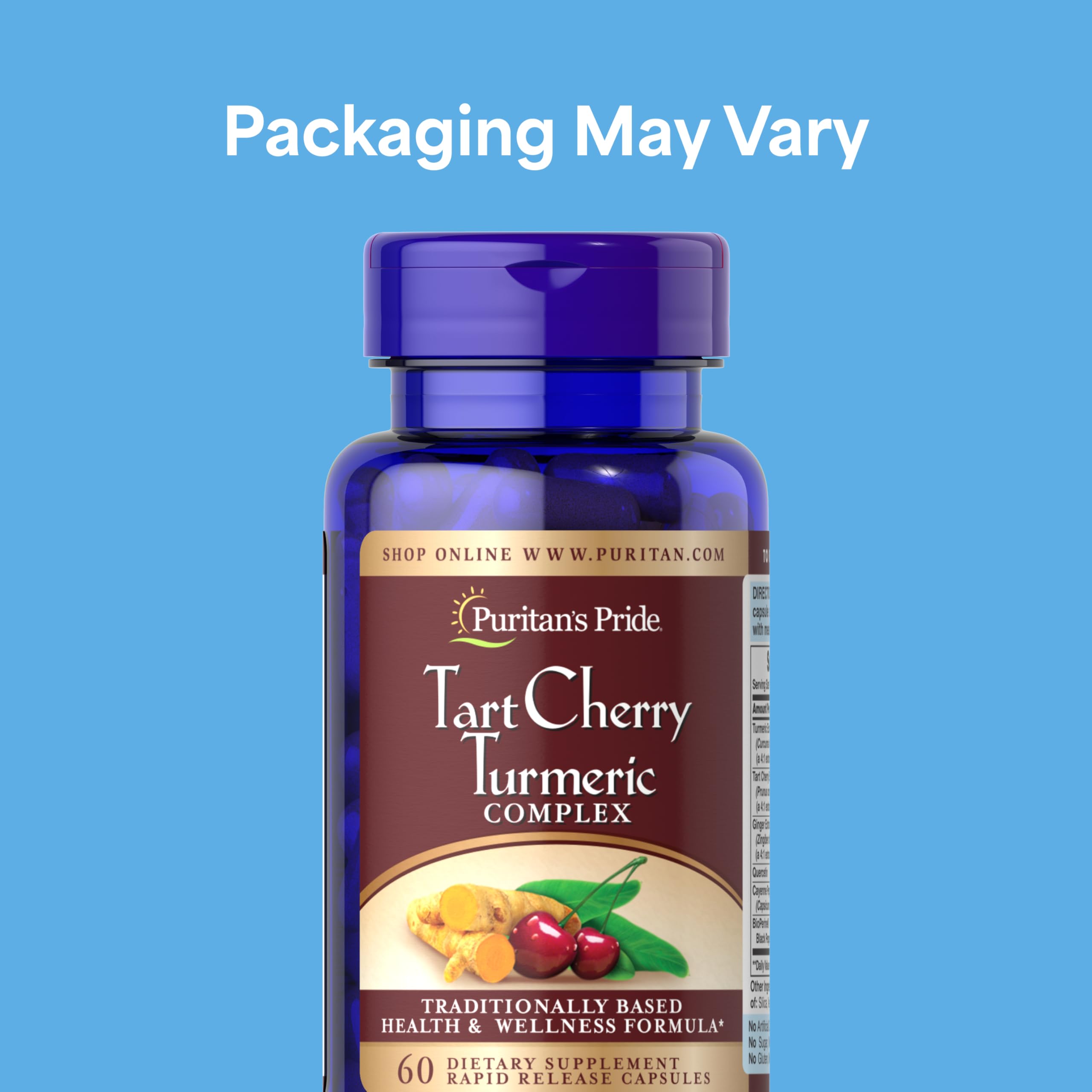 Puritan's Pride Tart Cherry Turmeric Complex capsules close-up highlighting rapid release