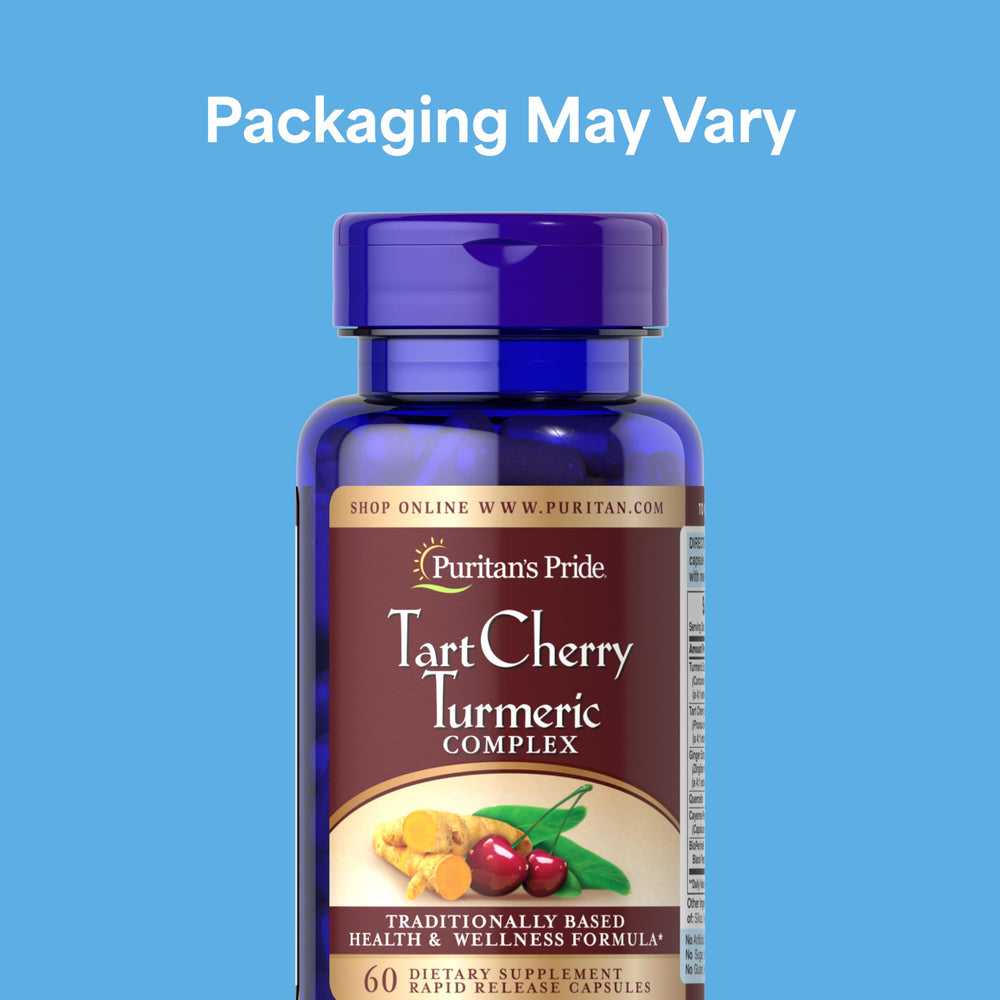 Puritan's Pride Tart Cherry Turmeric Complex capsules close-up highlighting rapid release