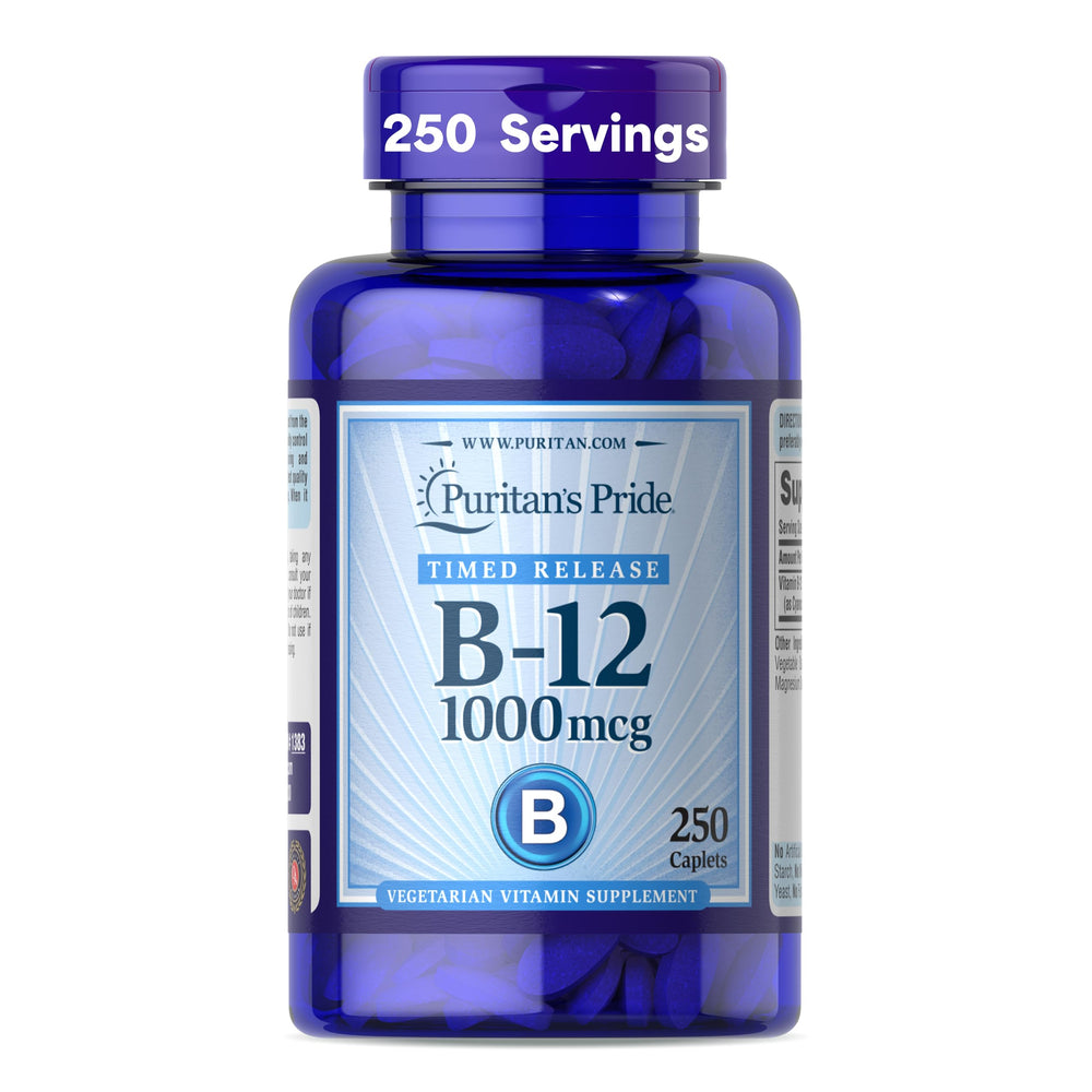 Puritan's Pride timed-release Vitamin B-12 tablets for steady energy support.