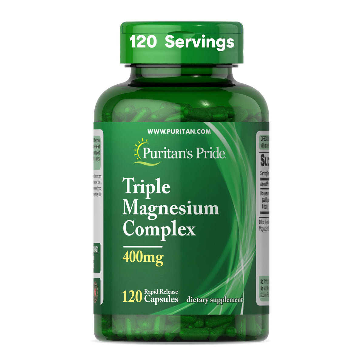 Puritan's Pride Triple Magnesium bottle with capsules supports bone and muscle health.
