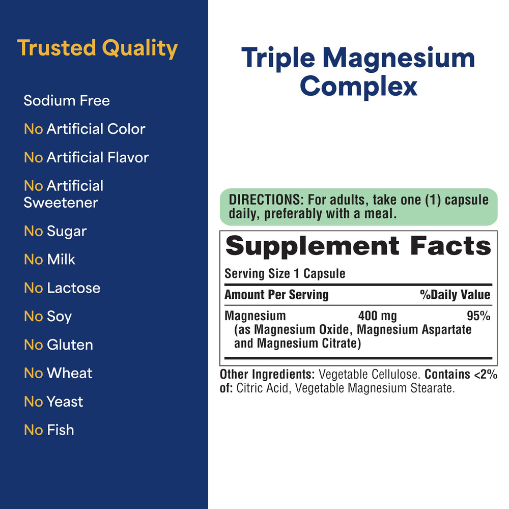 Puritan's Pride Triple Magnesium ingredient illustration highlighting magnesium forms.