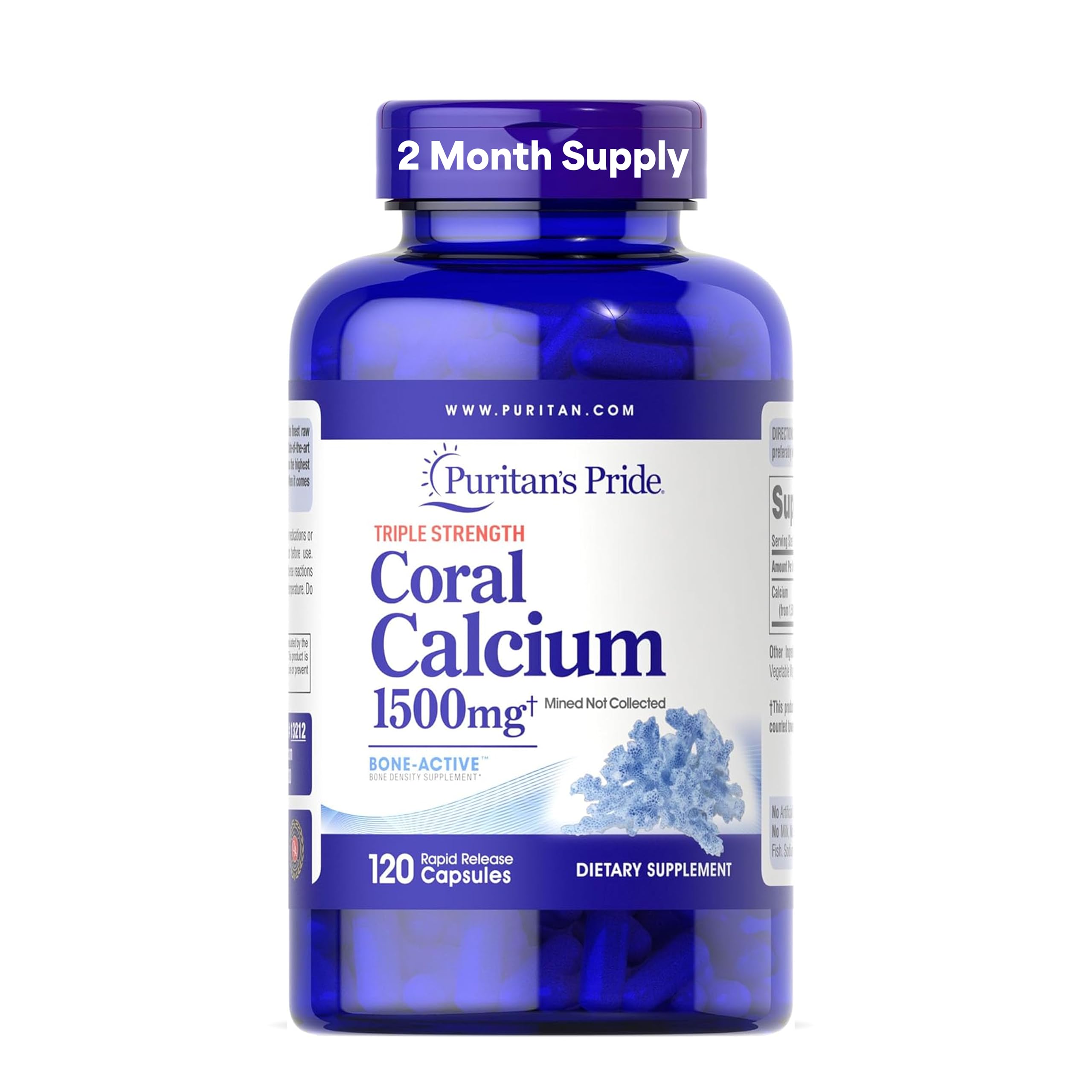 Puritan's Pride coral calcium bottle showing the 1500mg formula for bone support
