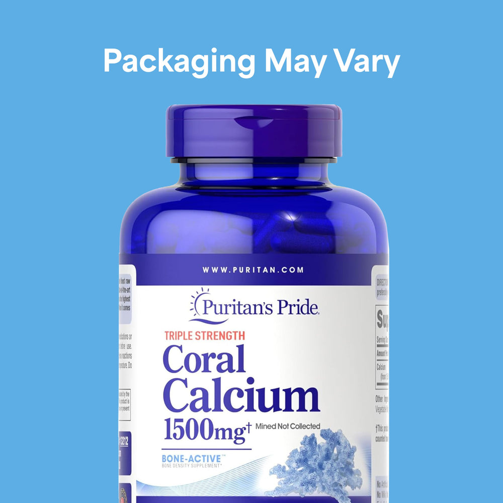 Puritan's Pride coral calcium capsules close-up highlighting rapid-release design