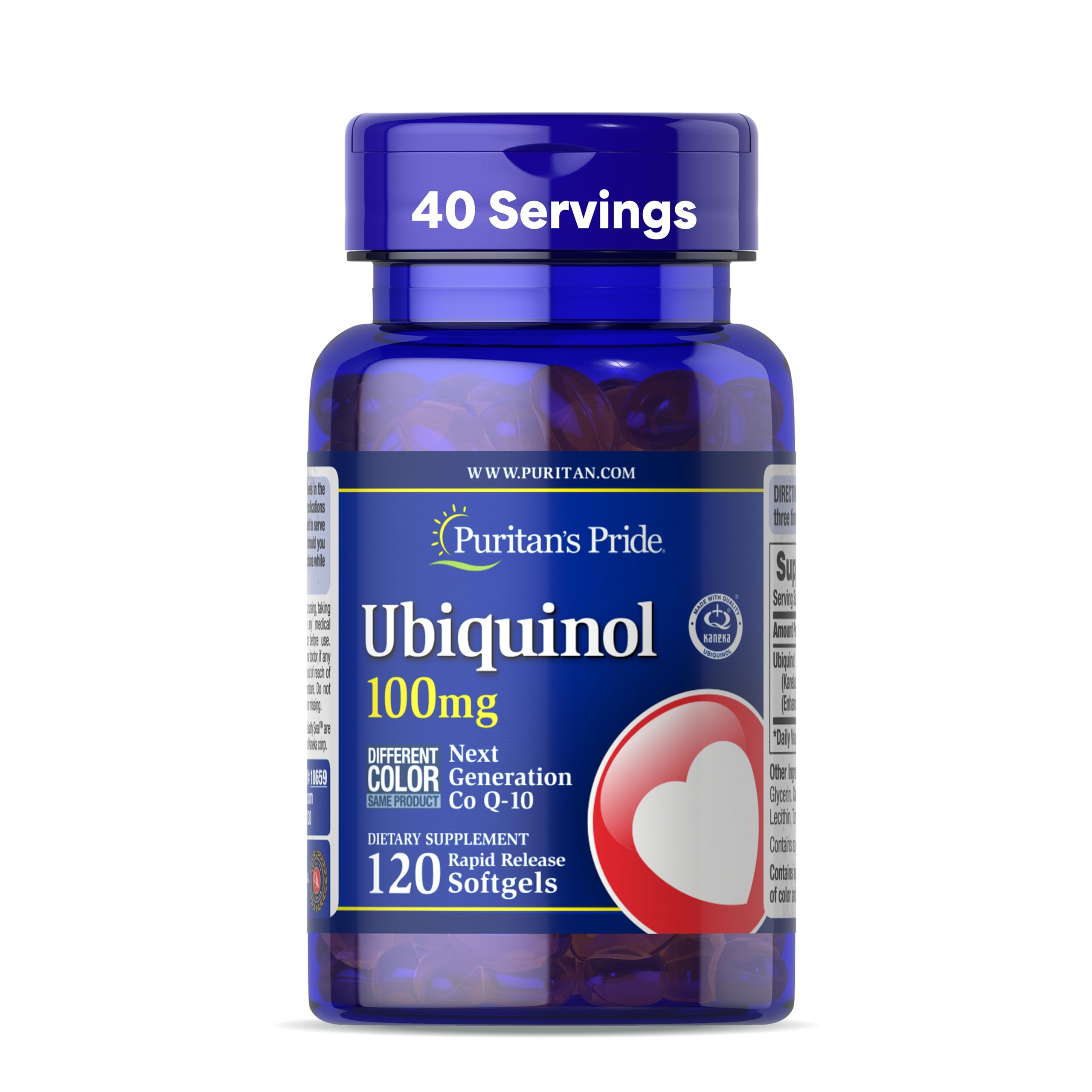 Puritan's Pride ubiquinol bottle closeup highlights antioxidant support and trusted quality.
