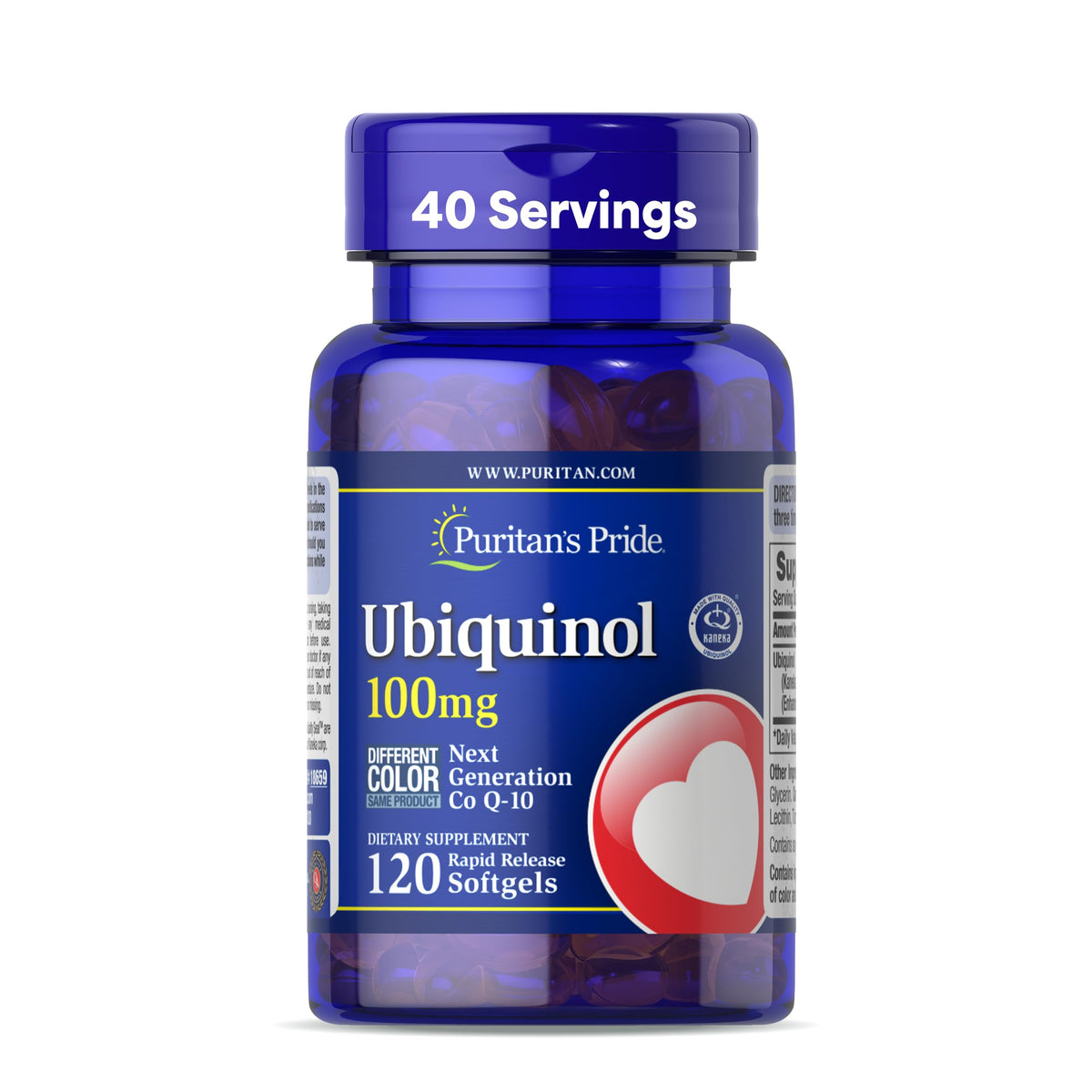 Puritan's Pride ubiquinol bottle closeup highlights antioxidant support and trusted quality.