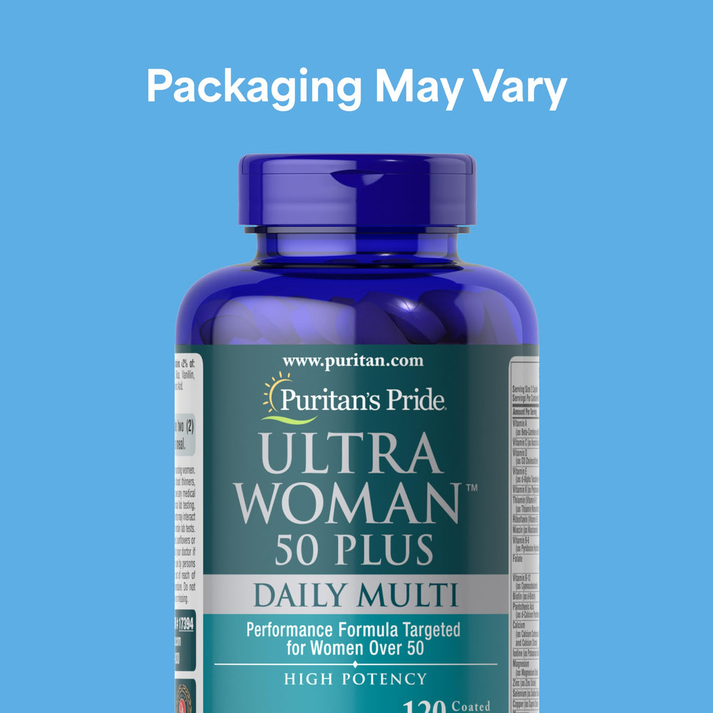 Puritan's Pride Ultra Woman 50+ capsules close-up showing capsule shape.