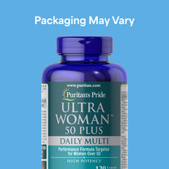 Puritan's Pride Ultra Woman 50+ capsules close-up showing capsule shape.