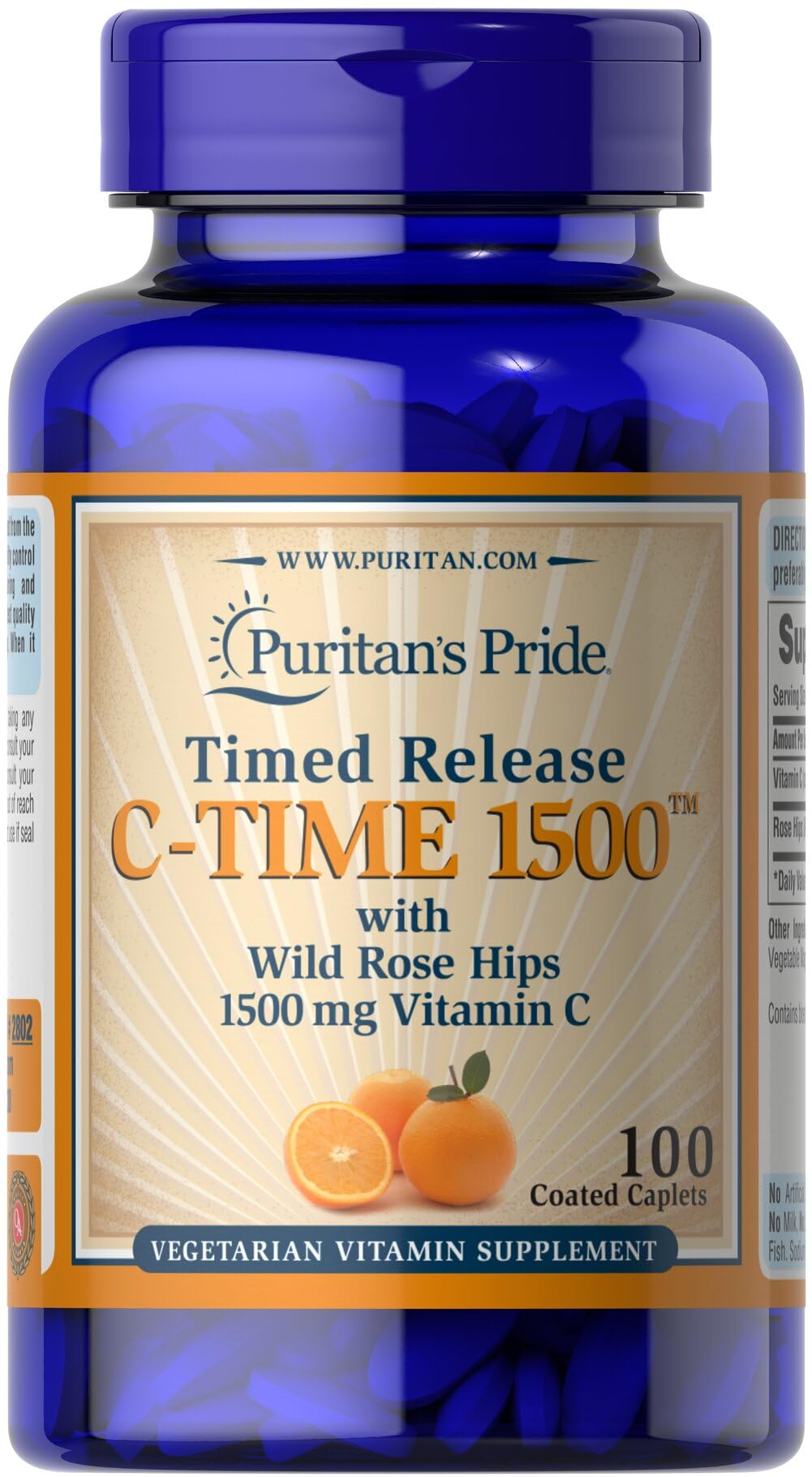 Puritan's Pride Vitamin C 1500 mg rose hips caplets bottle front may support daily immune health.